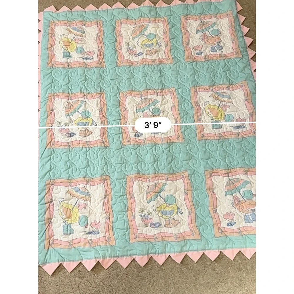 Vintage Pastel Duck Baby Quilt Mint Pink Sawtooth Edge Nursery Blanket 45x52